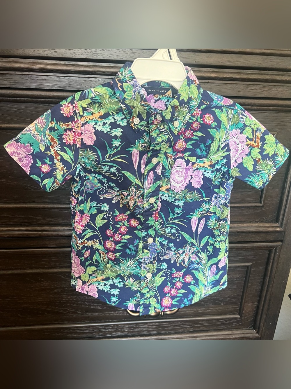 Janie and Jack Navy Floral Button-Down Shirt with Pink & Green Accents